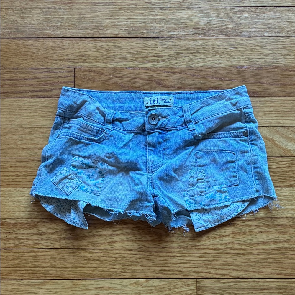 lei Light Blue Distressed Denim Shorts with Patch Accents